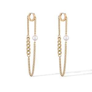 18K gold plated stainless steel long tassel earrings with white pearl detail