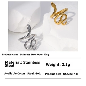 Detail view of snake-shaped stainless steel open rings in gold and silver finish