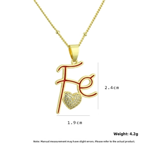 Detail view of 18k gold plated FE letter necklace with dimensions 2.4cm by 1.9cm