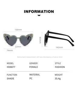 Detailed technical diagram of heart-shaped sunglasses with rhinestone accents and dimensions