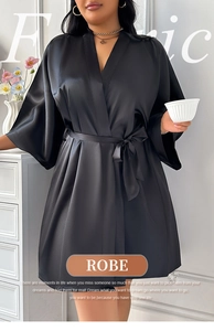 Elegant black satin short robe with V-neck and matching belt for a smooth, silky finish