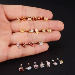Starfish and crab sea creature stud earrings with colorful zircon in gold and silver