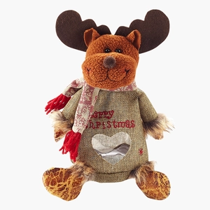 Christmas reindeer fabric doll gift bag with heart window and Merry Christmas text