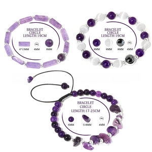 Detailed view of three purple natural stone beaded bracelets with adjustable elastic cord