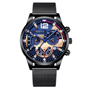 Fashion calendar men's quartz watch with black mesh stainless steel strap and blue dial