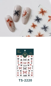 Detail of TS-2220 3D embossed nail stickers with red and black butterfly and flower designs