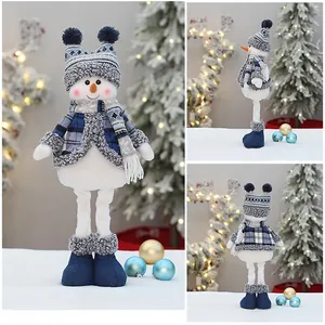 Detailed views of a plush Christmas snowman with blue plaid coat and telescopic legs