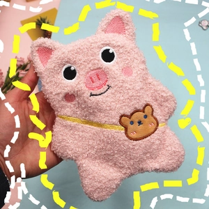 Cute pink pig plush stationery bag in soft fleece with a small bear pocket detail