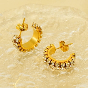 Elegant 18K gold-plated C-shaped stainless steel earrings with double rows of sparkling crystals