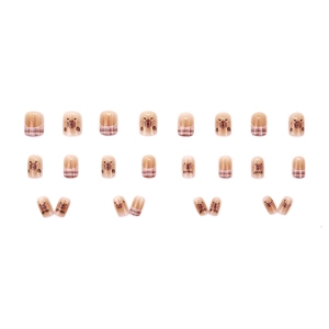 Cute Capybara cartoon and French plaid pattern short round press-on nails 24pcs set