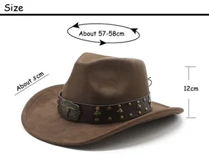 Size chart showing 57-58cm circumference and 8cm brim of the brown suede cowboy hat