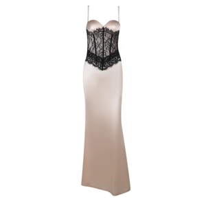 Elegant champagne satin maxi dress with black lace trim and corset bodice detail