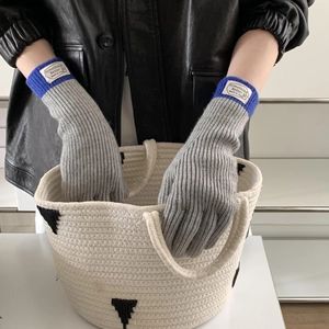 Women Korean Style Color Block Knitted Gloves Winter Warm Thick Touchscreen Mittens With Letter Woven Label For Students