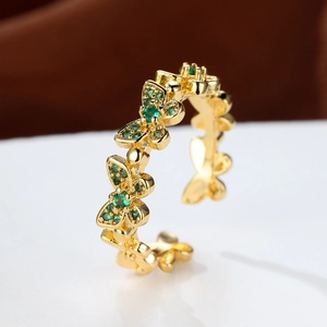 Minimalist gold butterfly open ring with micro-set emerald green gemstones for women