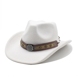 Detail of white felt cowboy hat with leather band and star metal studs on white background