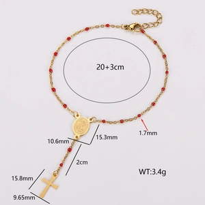 Gold stainless steel rosary bracelet with red beads, virgin Mary medal and cross pendant