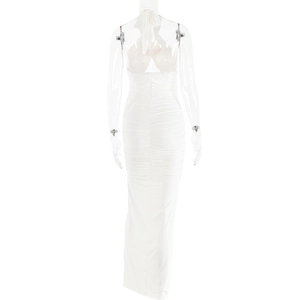 Detail of the white halter backless dress showing elegant lace-up tie back and slim fit design