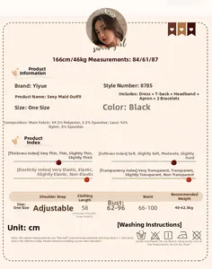 Size chart for sexy maid costume detailing fabric specs, dimensions, and model measurements