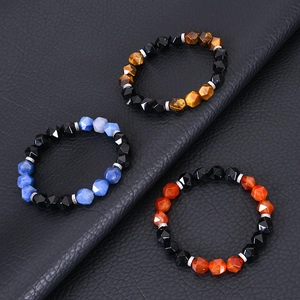 Faceted natural stone bracelets with tiger eye, blue and orange beads on black leather