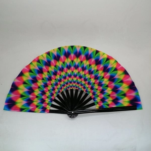 Rainbow tie-dye folding fan with peacock feather pattern and black bamboo frame