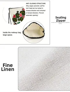 Detailed views of linen makeup bag showing durable alloy zipper and spacious interior
