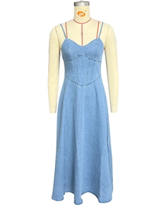 Detail view of V-neck denim maxi dress with structured stitching and slim straps