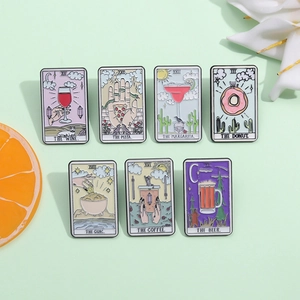 Tarot Card Style Enamel Pins Food Drink Creative Alloy Brooch Badge For Clothing Bags Coffee Beer Pizza