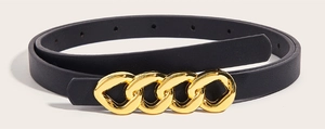 Detail of slim black leather belt with triple-ring gold metal buckle and fine texture