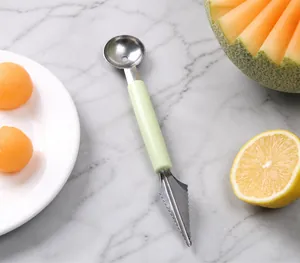 Dual-head stainless steel fruit baller with scooper and carving knife for melons
