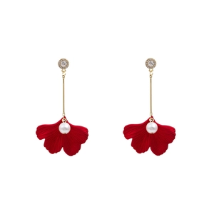 Red leaf dangle earrings with white pearls and gold plating for women, 925 silver needle