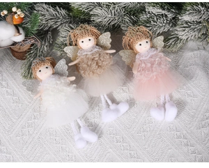 Detailed close-up of handmade angel ornaments with lace and sequins for Christmas trees