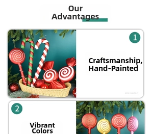 Detailed view of hand-painted Christmas candy cane and lollipop ornaments with vibrant stripes
