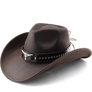 Chapeau De Cowboy Western Tressé Synthétique Large Bord Bande Cuir Rivets Métalliques Ornement Tête De Taureau Rétro