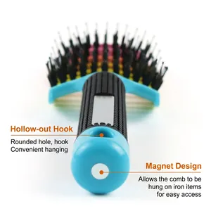 Rainbow bristle hairbrush with non-slip handle featuring hanging hook and magnetic base