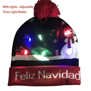 Navy Christmas knitted hat with LED lights, snowman patterns and red Feliz Navidad cuff