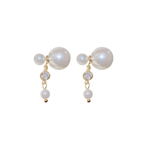 French style double-sided pearl earrings with gold metal and sparkling zircon accents