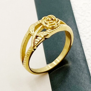 French vintage gold rose stainless steel ring with elegant hollow double layer design