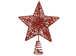 Detailed view of red glitter mesh Christmas tree topper star with spiral spring base