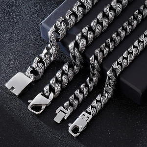 Men's vintage titanium steel Cuban chain bracelet with grass pattern in silver finish