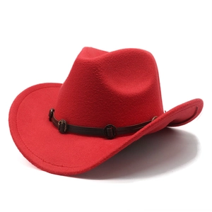 Classic red wool felt western cowboy hat with brown leather band and metal buckles