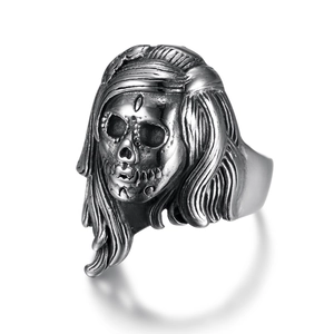 Gothic stainless steel ring featuring a detailed long hair skull design in vintage silver