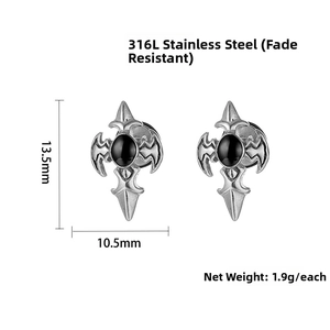 Macro view of gothic cross stud earring in 316L stainless steel with black gemstone