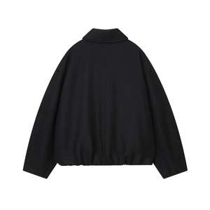 Street style black long-sleeve jacket for women with lapel and elastic hem back view