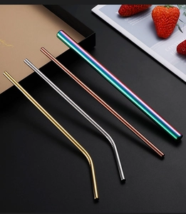 Detailed view of straight and curved 304 stainless steel straws in assorted metallic colors