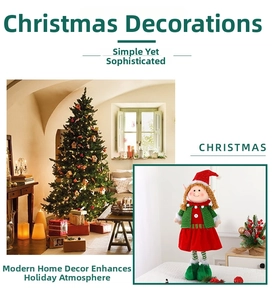 Detailed close-up of a festive Christmas elf doll with red hat and green plush shoes
