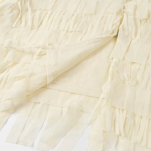 Detailed view of cream fringed shirt showing layered mesh fabric and fringe texture