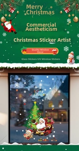 Detail view of festive Christmas tree and Santa Claus static window stickers for decoration