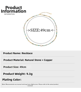 Detailed specs of the natural stone beaded necklace with 49cm length and 9.3g weight
