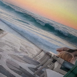Detail of bohemian beach sunset tapestry showing woven fabric texture and print quality