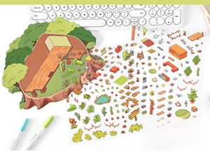 DIY forest treehouse deco scene stickers with 2.5D illustrations for journaling